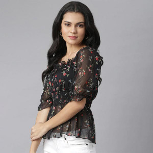 Black & Red Floral Georgette Cinched Waist Top